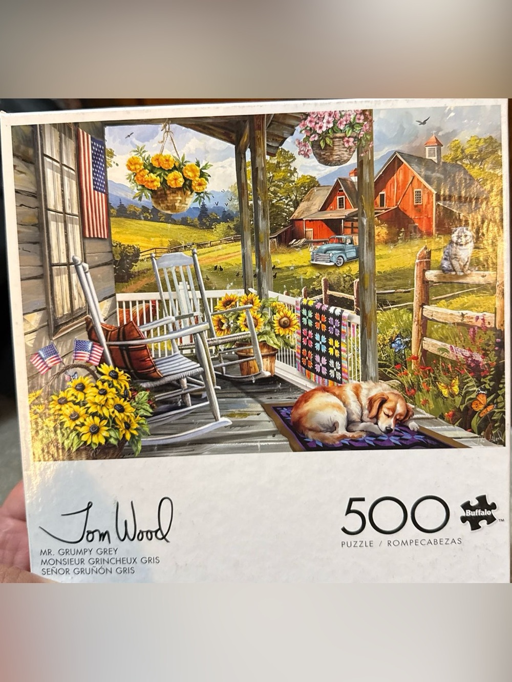TOM WOOD “Mr. Grumpy Grey” Farmhouse Porch 500 piece puzzle